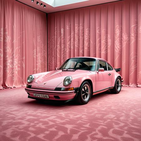 a porsche car with full (dark flowers pattern:1.1) in a room with a pink wall,full flowers pattern car,gallery,1974 porsche 911,2019,in style of juergen teller,inspired by Hendrick van Balen,museum lighting,exhibition,minimalism,delicate pink color,unsaturated colors,photo,extensive space,dezeen showroom,highly detailed-h 704,finely detailed car,marble skin,8k high quality detailed,remote frame,exhibition hall,aesthetic,dark color print on the car,many shadows,cinematic deep shadows,pastel_color,light exposure background,curtains background,background lighting,shaded glass,deep not sharp shadows throughout the car,vintage photography,noise,warm light,frosted floor,full pattern car,, maximum details