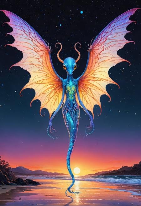 Meet the Luminawing: a mystical, iridescent creature with a slender body, glowing tentacles, and shimmering wings.  Lighting: Soft, golden twilight, Vibrant, neon blue, Warm, crimson sunset Colors: Iridescent blues, Shimmering silvers, Radiant golds  Camera angle: Aerial, swooping down to reveal the Luminawing's majesty  Drawing style: Digital Watercolor, Hand-Drawn Ink, Traditional Oil Painting  Prompt: Capture the Luminawing in stunning 4K resolution, with intricate details and ultra-high definition.