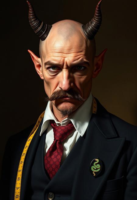 Three-quarter portrait of the devil dressed as a young tailor. He is bald with a small curly dark brown and grey handlebar moustache. Black three-piece suit, white shirt, red patterned tie. ((A pin of a green snake is on his jacket lapel.)) His face is wrinkled and red. Devil horns.  He drapes a yellow tape measure at the sides of his neck like a scarf. 
Rembrandt Lighting style, shadow, partially covered in shadow, Rembrandt shadow style, nose shadow.
