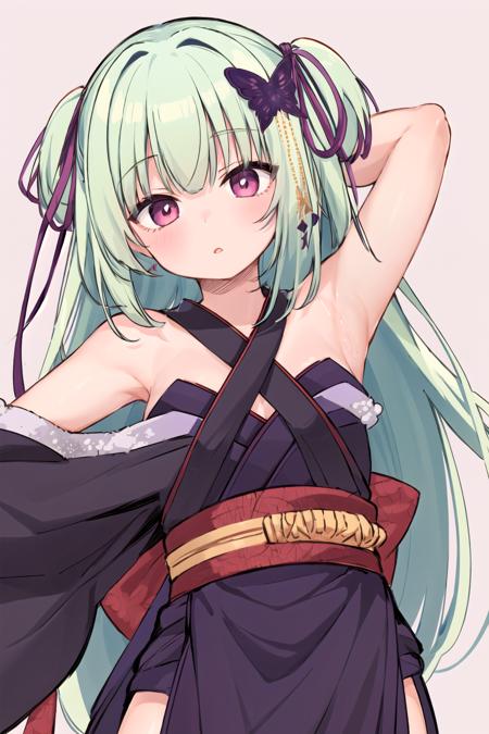 1girl, murasame, two side up, hair ornament, kimono, bare shoulders