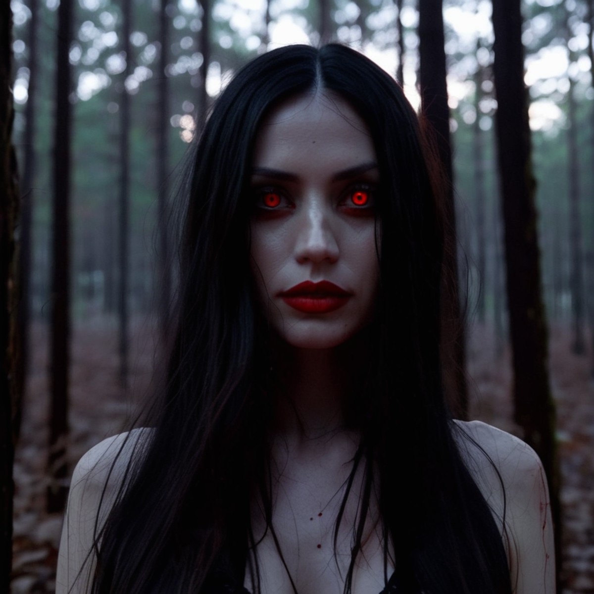 Found fottage at night, Found footage photo of a pale vampire woman with black hair and slightly glowing red eyes with lon...
