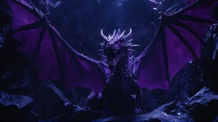 Movie Still, single large purple demonic dragon awakening from its 1000 year slumber in dark crystal cavern, reflective, sharp crystals, bearing teeth, reflective, best quality, two wings,