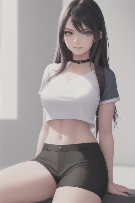 1girl, arm at side, bag, black choker, black hair, black pants, breasts, breasts apart, brown eyes, choker, crop top, cropped legs, dark-skinned female, dark skin, detached sleeves, fingerless gloves, forehead, freckles, gloves, green hair, grin, groin, holding, holding poke ball, knee up, light blush, looking to the side, medium breasts, micro shorts, midriff, multicolored hair, navel, necktie, orange necktie, orange shorts, pants, pocket, poke ball, school bag, shadow, shirt, short sleeves, shorts, simple background, single detached sleeve, smile, solo, sweatdrop, two-tone hair, v-shaped eyebrows, white background, white shirt, white sleeves, (masterpiece), (highest quality), (intricate), (high detail), sharp focus, HDR, ((photorealistic|realistic):1.5)