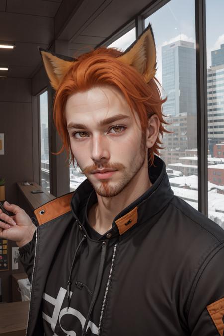 Roiadan Vanzey,  Osenayan , (masterpiece,  best quality),  animal ears,  solo,  facial hair,  1boy,  male focus,  fox ears,  orange hair,  indoors,  beard,  stubble,  looking at viewer,  lips,  upper body,  brown eyes,  nose,  jacket,  cosplay,  rule of thirds, <lora:EMS-49410-EMS:0.500000>