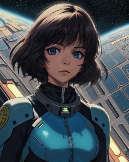 (anime), (illustration), cartoon, detailed, A woman in a futuristic space uniform, against the background of the spaceport <lora:AlisSelez512New200:0.7> <lora:detail_slider_v4:2>, maximum details