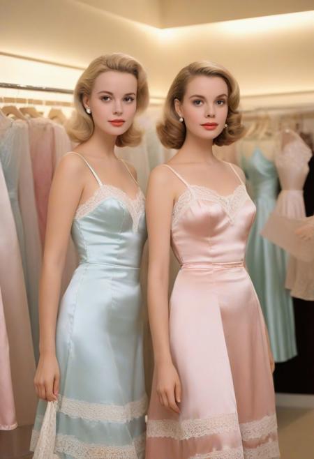 score_9, score_8_up, score_7_up, hyperrealistic, analog photo, very realistic, 1956 Tippi Hedren and Grace Kelly, pretty blond, slim, slender, wearing pastel satin nightie with spaghetti straps and lace trim, blond, standing in a busy lingerie store surrounded by pretty friends wearing pretty silk and satin slips and nighties and lingerie, happy and delighted to be selling pretty satin lingerie, in love with satin lingerie