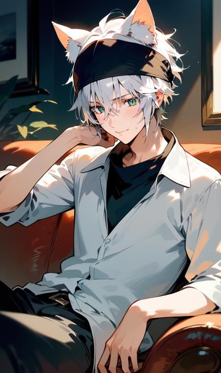 Adonis, 1boy, white hair, white eyelashes, green eyes, slit pupils, cat ears