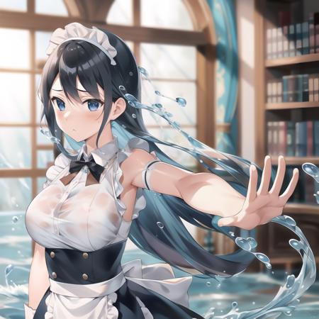 Fisheyes, masterpiece, top quality, best quality, official art, beautiful and aesthetic, animation
<lora:Yuansuli_shui:1>,shui, (flowing water:1.2),flowing water droplets,splashing water drops,
1girl, long hair,  Water surrounds the girl's body,
maid headdress, maid apron, maid uniform, 
indoors, library, black hair, beautiful face,
hand up,fighting stance, expressionless, friction ridge