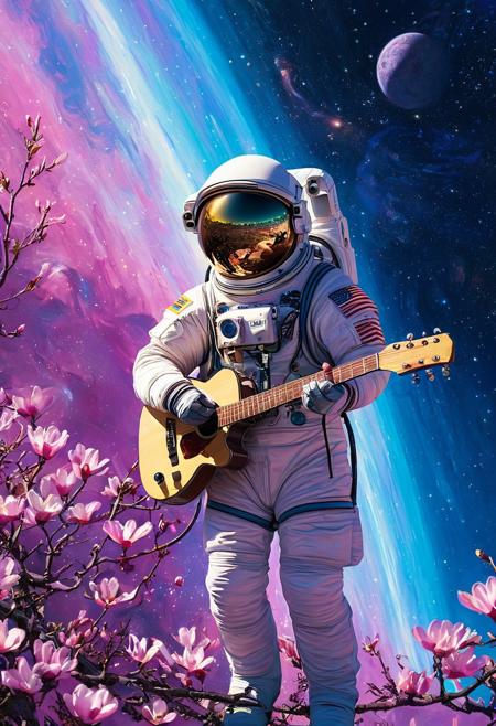 DB4RZ style painting, passengers gazing in awe, vast sky with swirling galaxies, cosmic colors (purples, blues, pinks), dramatic lighting, mystical atmosphere　(astronaut plays guitar) Iridescence-suffused magnolia blossoms, dynamically rendered, impasto technique. Cerulean backdrop. Emphasize coruscating petals, luminous black, . Dynamic three-quarter shot. Focus: interplay of light and texture. Granular details: visible brushstrokes, subtle color gradations within petals. Intensify luminosity, add depth to background with diaphanous clouds. No discernable camera details beyond perspective.A cinematic shot of an astronaut in a vibrant white spacesuit standing in the foreground, with a massive, intricate space station or spacecraft as the backdrop. The space station is adorned with numerous lights, windows, and technical details. The astronaut's suit is equipped with various gadgets and patches. The atmosphere is filled with floating debris and a hazy white hue, suggesting either a celestial event or a post-apocalyptic setting.