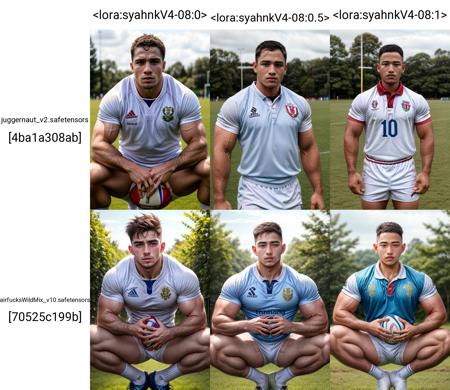 masterpiece, best quality, highres, realistic, handsome, photogenic, big muscles,<lora:syahnkV4-08:0>, syahnk as( a 20 years old  man, (chav,pecs),muscular male,(wearing long white socks), looking at viewer, (best quality, masterpiece, high res, hdr:1.2), detailed face, upper body, (sweaty),(wearing rugby uniform),sweaty, 5 fingers ,bokeh) ,<lora:add_detail:1>