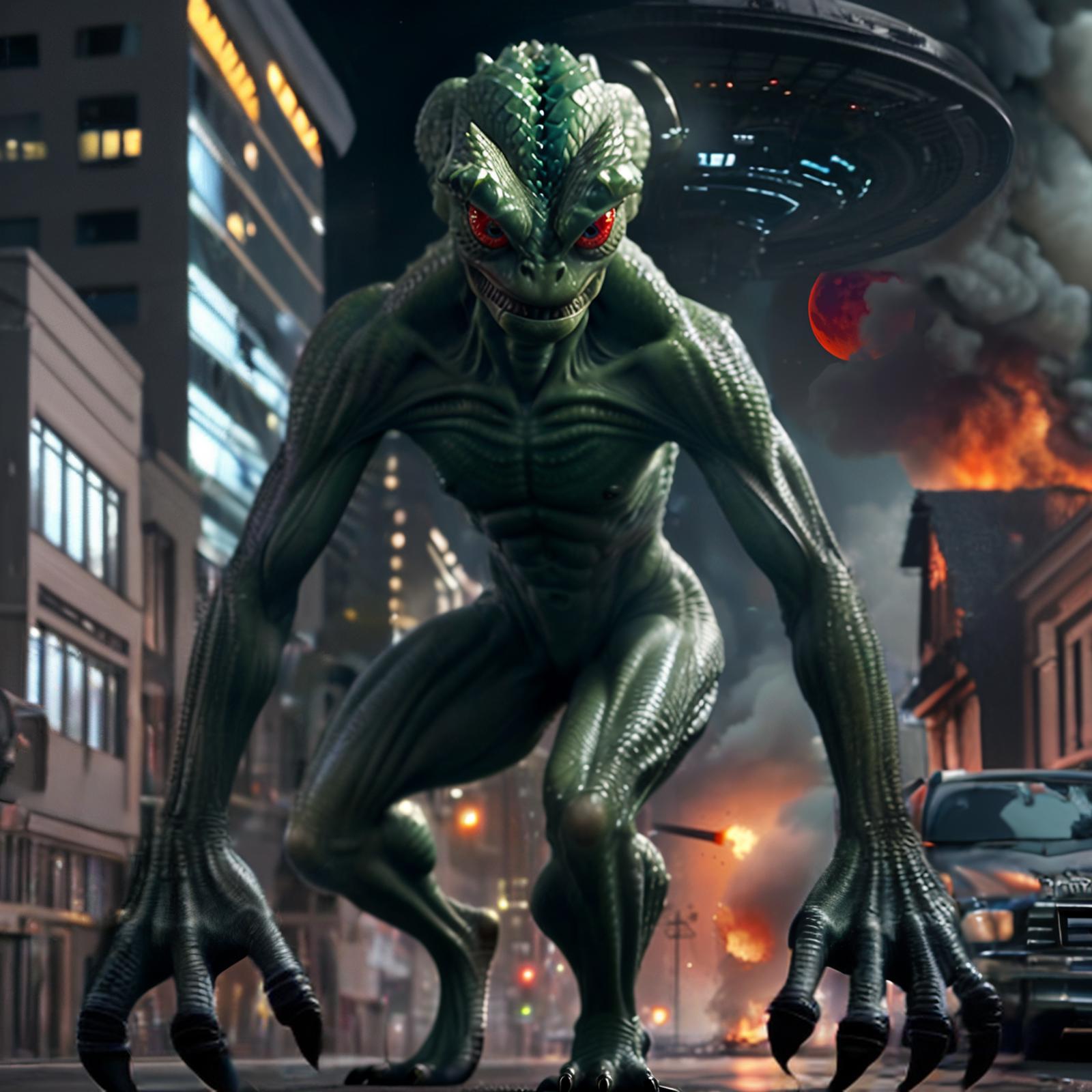 A green alien with a car in the background.