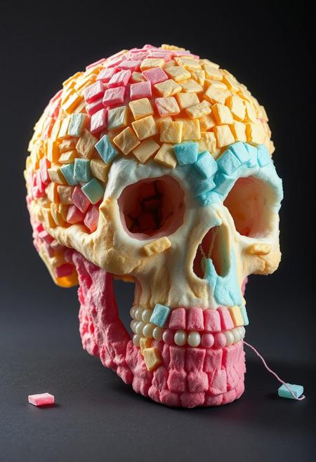 "Create a photorealistic image of a human skull constructed from hundreds of wads of chewing gum, each with a distinct flavor and color. The gum should be stuck together to form a cohesive, eerie skull shape, with pink 'fruit punch' gum forming the jawbone, blue'spearmint' gum creating a frosty, crystalline effect on the nasal cavity, and yellow 'lemon' gum used to create a bright, sunny cranium. The gum should be textured and irregular, with visible ridges and crevices where the wads have been pressed together. A few stray strands of gum should be stretched out from the skull, as if they're still sticky and fresh. The background should be a dark, gradient gray, with a few subtle, eerie highlights to accentuate the skull's macabre details. The overall effect should be one of unsettling realism and fascinating, sugary texture." highest-Quality, 8 k, intricate details, visually stunning, Masterpiece