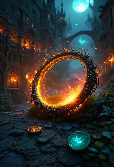 Immerse yourself in a magical, medieval fantasy world where a poisonous ring hovers in the air. The atmosphere is filled with enchanting spells that resonate through the air, casting vibrant, warm colors across the scene. A mystical aura permeates the environment, accompanied by an ethereal glow and dynamic energy that radiates from every detail. The textures are beautifully intricate, creating a sense of enchantment that transports you to a high fantasy land. The serene backdrop, softly lit with a captivating visual experience, adds to the ultra-detailed and mesmerizing atmosphere, making it a truly unforgettable experience.