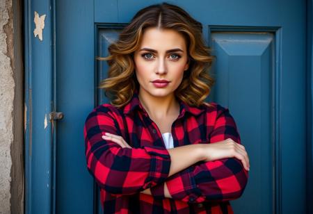 An image of a woman with fair skin and natural, wavy hair styled in soft curls around her face. She has defined eyebrows and light-colored eyes that draw attention. She's dressed in a red and navy plaid shirt with the top unbuttoned to show a white undershirt, and the sleeves rolled up to the forearms. The woman is casually leaning against a weathered blue door frame with peeling paint, adding a rustic charm to the scene. Her arms are crossed or resting in front of her, and she has a soft, contemplative expression on her face.