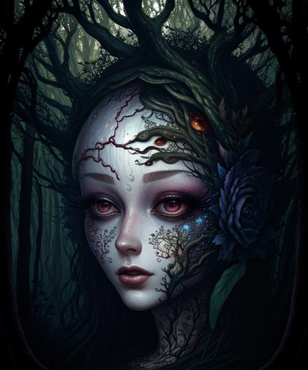 woman surreal closeup, masterpiece by ncwinters, in mystic forest,  <lora:ncwinters-12:1>