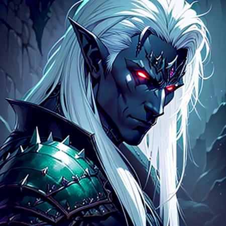 `(1 male, adult, dark elf), short, spiky white hair, emerald eyes, dressed in dark leather armor, stealthily navigating a labyrinthine underdark dungeon, filled with deadly traps, realistic, fantasy setting, high resolution, detailed, color <lora:DarkElf_V3:1>`