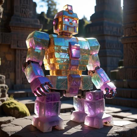 flu0rite, Iridescent giant robot golem made of fluorite mineral, moss covered stone, sitting on a throne inside aztec temple, armor, stone walls, glowing eyes, sunbeam, bokeh, reflected light