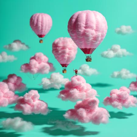 masterpiece, (realistic:1), (photorealistic:1), intricate detail, highly detailed, great textures, 8k, high detail, miniature, landscape,overview,
<lora:minihuman_SDXL_v2_loha-000016:0.8>,A miniature figure in a hot air balloon is floating over a landscape of cotton candy clouds, hot air balloon, cotton candy, dreamy, pink background, fluffy landscape, sweet theme, simple background, sugary, light, solo, fantasy, texture, confectionery, depth of field, floating