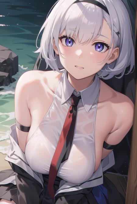 reno, (purple eyes:1.1), short hair, white hair, bare shoulders, belt, black belt, black dress, black hairband, detached sleeves, dress, hair ornament, hairband, necktie, pantyhose, pleated dress, sideboob, white hair, red necktie, choker,