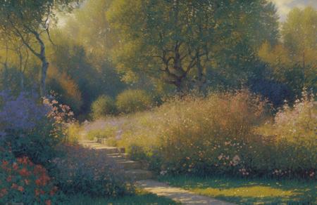 (impressionism:1.1), (john harris:1), thicket ,yard ,arboretum , scene painting,scenery,a painting,