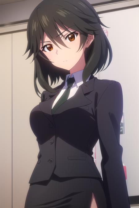 chifuyuorimura, <lora:chifuyu orimura s2-lora-nochekaiser:1>,
chifuyu orimura, long hair, bangs, black hair, hair between eyes, (brown eyes:1.3),
BREAK skirt, shirt, long sleeves, jacket, white shirt, necktie, black skirt, black jacket, formal, suit, black necktie, pencil skirt, skirt suit,
BREAK indoors, classroom,
BREAK looking at viewer, (cowboy shot:1.5),
BREAK <lyco:GoodHands-beta2:1>, (masterpiece:1.2), best quality, high resolution, unity 8k wallpaper, (illustration:0.8), (beautiful detailed eyes:1.6), extremely detailed face, perfect lighting, extremely detailed CG, (perfect hands, perfect anatomy),