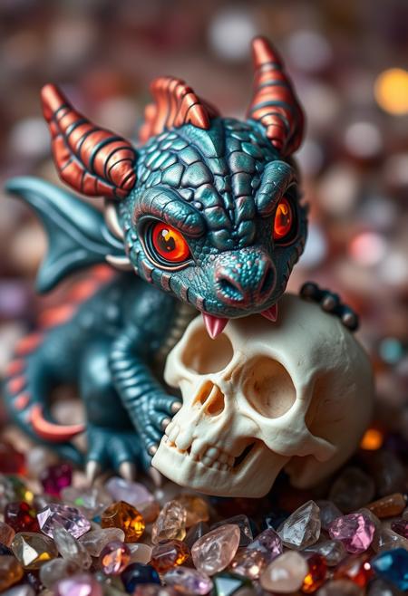 An adorable small dragon eats a skull. Small pointy dragon teeth.  Iridescent dragon scales.  Glowing orange eyes. Background filled with multicolored gemstones.
