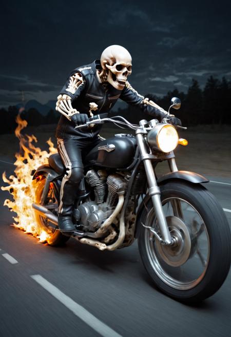 night time,  dim light, low lighting,  dark theme, a man riding a motorcycle, his head is on fire, boneswm  <lora:Bones_World_Morph:0.8>