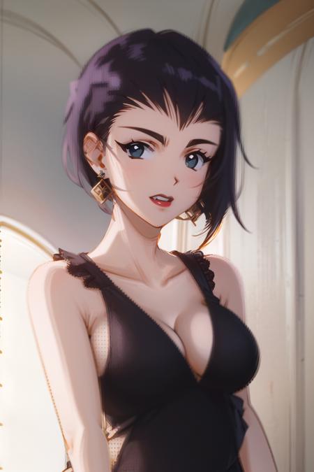 masterpiece, best quality, ultra-detailed, absurdres, Potrait of beautifulFayeCB, solo, lipstick, makeup, breasts, black_hair, black_eyes, cleavage, upper_body, medium_breasts, black_dress, dress, earrings, collarbone, dark-skinned_female, shadow, teeth, volumetric lighting, best quality, masterpiece, intricate details, tonemapping, sharp focus, hyper detailed, trending on Artstation, <lora:FayeCB:1.2>