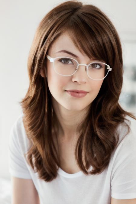 Portrait photo of br33d4n13ls woman, (light bokeh)++, (white tshirt)+, detailed face, in a bedroom, glasses, makeup, slight smile