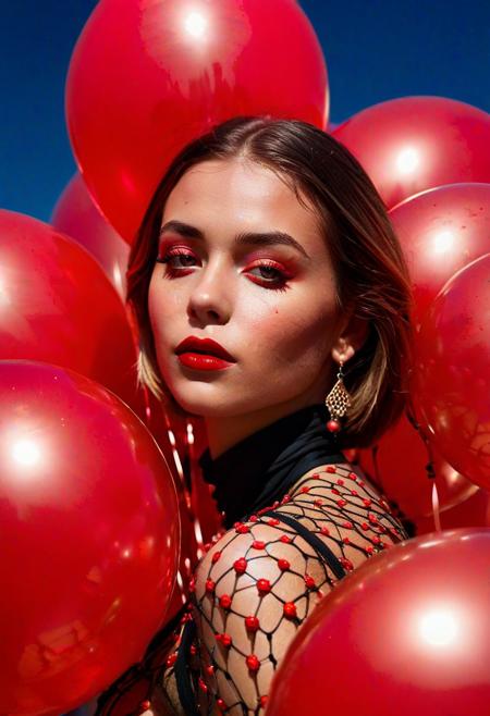 a professional photograph of beautiful and sexy fashion young woman from of a ton of red balloons, taken on a hasselblad  iconoclastic pinnacle of creativity with intricate details, detailed skin, (cadmium red and electricblue colors:0.1),(looking at the viewer), ((best quality)), (bubblegumpink and striped colors:0.1), <lora:MJ52:0.65> modelshoot, pose, award winning photo of a beautiful young woman lying , dynamic lighting, cinematic still, pale skin, screencap, 100mm f/2.8 lens,), (((dynamic pose:1.2),(dynamic camera),(art retouch), full body, neon colors, , highly detailed, Triadic color guide, clear face, Ultra High Resolution, wallpaper, 8K, Rich texture details, hyper detailed, detailed eyes, detailed background, dramatic angle, epic composition, SimplepositiveXLv1 (masterpiece, high quality), solo, model photoshoot, (black theme:1.1), a stylish girl, perfect face, master piece, high quality, sharp focus, detailed skin, RAW photo, 8k uhd, dslr, film grain, fujifilm XT3