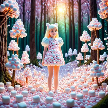 1 female, full body, female made of marshmallows, forest made of opals, L4pisL4zuli background, fantasy world, surreal and intense, Masterpiece level quality, soft lighting, bright lighting, sharp focus, fine details, high quality, precise, high resolution, 4k, 8k,