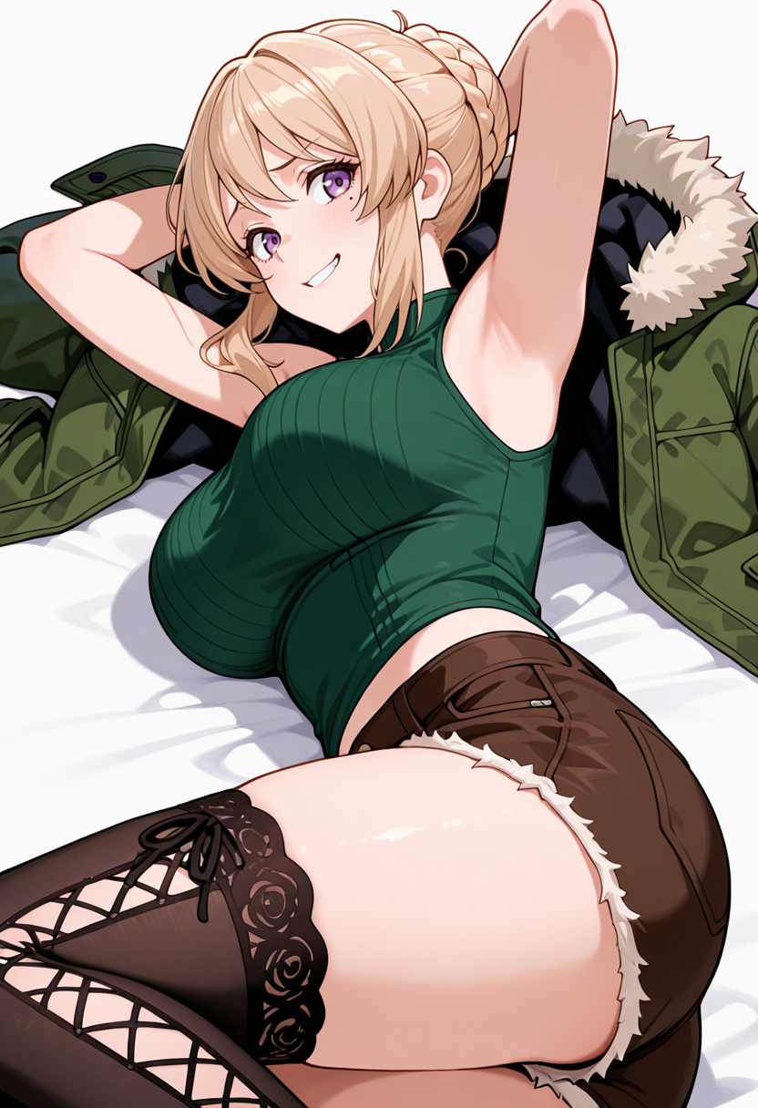 A woman with purple eyes, blonde hair styled with braids, and a nervous smile is reclining on a white surface with an olive green, fur-hooded jacket spread out beneath her, with her hands clasped behind her head. She is wearing a dark green, sleeveless, ribbed top, brown shorts with a frayed hem, and black, lace-up thigh-high stockings with a lace trim. 