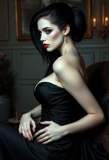 Masterpiece, Portrait of a sexy gothic debutante, highly detailed, best quality, beautiful face profile, full red lips, closed mouth, HairDetail, long flowing black arched back, very pale white skin, ghostly pale, romantic parlor, black silk evening gown, huge breasts, sideboob, slender body, tiny waist, defined abs, curvy hips, round ass, simple jewelry, laying seductively on an upholstered chaise lounge, sensual dim lighting, hidden hands, eye contact, lustful gray eyes