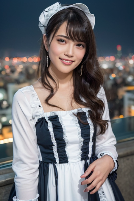 1girl,(wearing a long sleeved lolita dress:1.4),(at a pool on top of skyscraper in Tokyo:1.4),(overseeing Tokyo City and Tokyo tower in the background),(RAW photo, best quality), (realistic, photo-realistic:1.4), masterpiece, an extremely delicate and beautiful, extremely detailed, 2k wallpaper, Amazing, finely detail, extremely detailed CG unity 8k wallpaper, ultra-detailed, highres, soft light, beautiful detailed girl, extremely detailed eyes and face, beautiful detailed nose, beautiful detailed eyes,cinematic lighting,perfect anatomy,slender body,instagram beautify filter,smooth and flawless skin and face,(dynamic angle:1.2),sexy pose,smiling,(city lights at night)