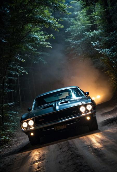 macro photo of a beautiful muscle car on a banked dirt road turning in the forest at (night), dark, (zavy-dtchngl), cinematic still, The Fast and the Furious movie screencap, dynamic,