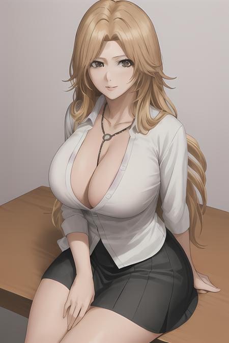 rangiku, solo, deep gray eyes, white shirt, gray skirt, stockings, sitting on table, <lora:rangiku-b-20:1>, masterpiece, detailed, intricate details