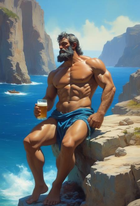 (relaxed male earth elemental waiting for Ulysses enjoying a beer:1.0), beautiful Sirens nearby singing songs to lure sailors,  blue water, cliffs, Greek island, frazetta