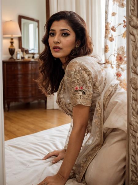 high angle, side view, looking at viewer, pakistani woman wearing (ornate embroidered Salwaar Kameez with sequins:1.1) on the bed, (all fours:1.1), (crawling:1.1), whole body, eye shadow, eye liner, full lips, london, bedroom, window, curtains, doorway, cityview, <lora:crawling:1> <lora:EnhancedDetail:0.7> <lora:real_skin:0.7> skin,   <lora:Salwaar Kameez By Stable Yogi:0.8>   <lora:downblouse_v0.2:1> downblouse, (nipples:1.2)