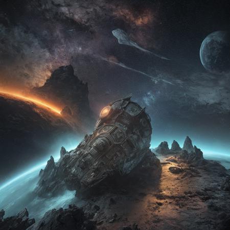 debris from ((detailed)) spaceship, floating alone in space, detailed setting, Bioluminescent sun, errie, dark, hdr, uhd, 4k