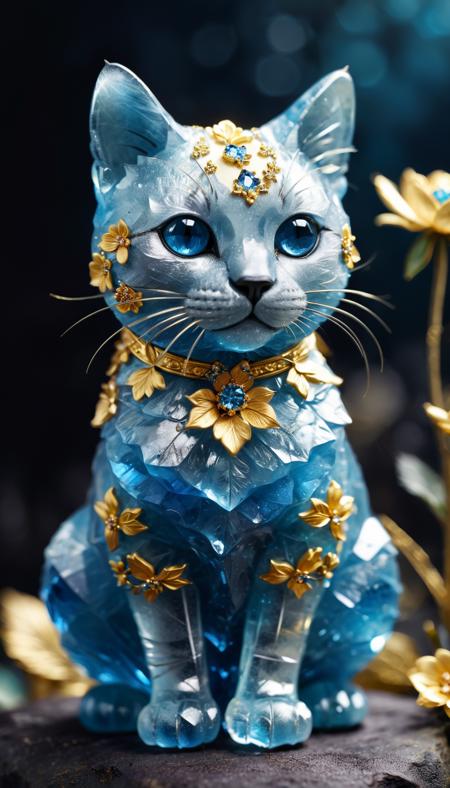delicate soft fantastic night blue gold cat consisting entirely of colored rock crystal and translucent crystals sits on a flower : deep depth of field ; 3d; Dark Art : Macabre Art : Morbid Art, simple background,
 <lora:add-detail-xl:1>,
 <lora:xl_more_art-full_v1:0.8>