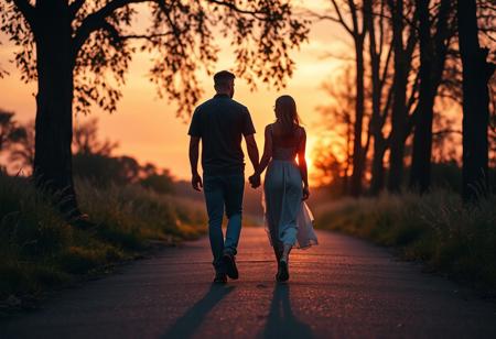 detailxl Photograph Taken on Nikon D750, Alphonse Mucha, 8K, athletic figure, Hyperdetailed, hyperrealism, Attractive,
A heartfelt, intimate photo of two people walking hand in hand down a quiet path during the golden hour, just before sunset. The sky is painted with soft pink, orange, and purple hues, casting a warm glow on the scene. The path is surrounded by tall trees with leaves slightly blowing in the breeze, giving a sense of calm and peacefulness. One person is gently leading the other, their hands tightly clasped, symbolizing support and trust. The atmosphere feels serene and reflective, with long shadows stretching out behind them. The photo’s focus is on the connection between the two, emphasizing the feeling of guidance, comfort, and companionship through life’s journey.