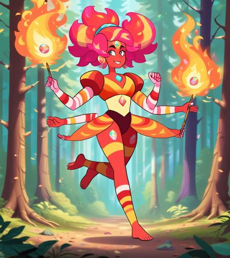 a cartoon woman named fire opal, she is a ruby moonstone fusion. forehead gem, chest gem, four arms, speckled rainbow stripes energetically juggling flaming batons in the forest. very, very colorful, full body. she is cool and she knows it. Chill, average build under the night sky
<lora:sugems-000084:0.7> cool,photograph