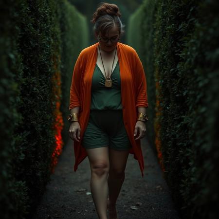Cinematic masterpiece of a Plus size older Scottish woman glasses light brown curly bun Orange draping cardigan. green linen high cut romper hugs her curvy thick thighs. . Brass Shackles with glowing runes etching on the bands are locked on her ankles. She steps barefoot carefully navigates the hedge maze in the darknessbondage, collar, hands up, padlock, standing, hud_r1g1dstockcuff,