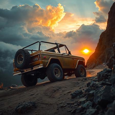 A classic Ford Bronco climbing a rocky mountain path at sunset, golden light reflecting off its dusty body, dramatic clouds in the background, cinematic atmosphere, realistic textures, 1970s adventure film look, 4k, highly detailed