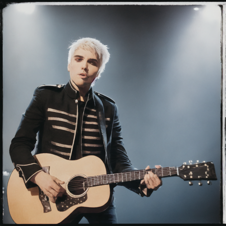 Realistic photo of a stage,  man with short white hair wearing a blackparadejacket, black shirt, black pants, (Gerard Way), playing acoustic guitar, photograph, portrait, highly detailed, sharp focus, 4k, ultrarealistic, (focus on eyes), (looking at camera:1.2), Kodak Gold 400 film, Polaroid, hyperdetailed, insane details, intricate details, accent lighting, soft volumetric light, bokeh, (dramatic light:1.2), (neutral colors:1.3), cross process, <lora:blackparadev2:0.8>, <lora:anime_guitarv1:0.8>