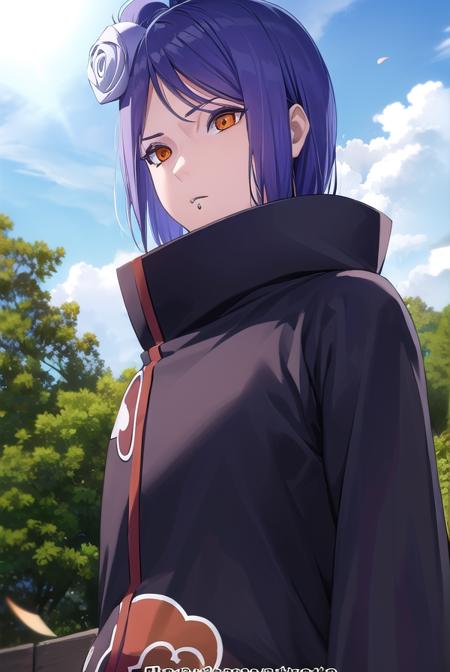 konan, <lora:konanv2-lora-nochekaiser:0.75>, <lyco:konanv2-lyco-nochekaiser:0.75>,
konan, short hair, hair ornament, blue hair, flower, hair flower, (orange eyes:1.5), (labret piercing:1.2), eyeshadow,
BREAK coat, cloak, black coat, black cloak, (akatsuki uniform:1.5), akatsuki \(naruto\), (akatsuki uniform:1.5),
BREAK outdoors, forest, nature, sky, cloud, sun,
BREAK looking at viewer, (cowboy shot:1.5),
BREAK <lyco:GoodHands-beta2:1>, (masterpiece:1.2), best quality, high resolution, unity 8k wallpaper, (illustration:0.8), (beautiful detailed eyes:1.6), extremely detailed face, perfect lighting, extremely detailed CG, (perfect hands, perfect anatomy),