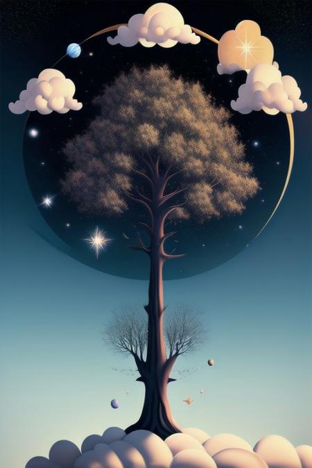 fluffy, floating, clouds, sky, stars, space, (Tree of Life)