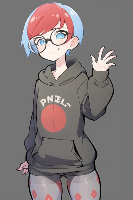 1girl,solo,  detailed eyes, smile, perfect face, urban area , short hair, multicolored hair,   glasses, red hair, blue hair, 
<lora:ThePinkPirate-22:1>, flat color, wide-eyed,  <lora:penny-10:0.7> Penny, Black Hoodie, Grey Pantyhose,