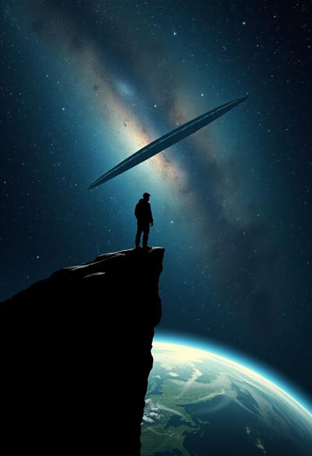 One shadowy figure standing on the edge of a cliff in space in solitude, gazing down at a planet below woundering if he's alone in the vast cosmos of reality ,  stars and galaxies  fill the background in representation of the deep endless sadness and loneliness that fills him to the core, with an unshakable dread that he is truly alone