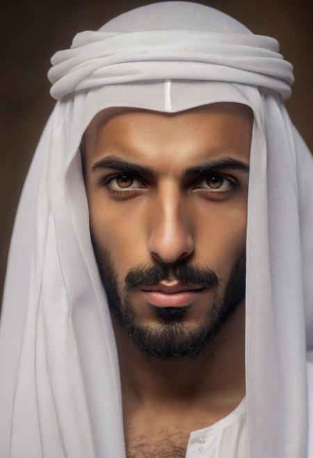 Close Up shot of an Arabian guard, sexy, seductive look, hairy chested
